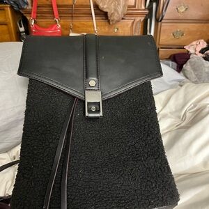 Gianni Bini Black Sherpa-Textured Backpack with Smooth Flap